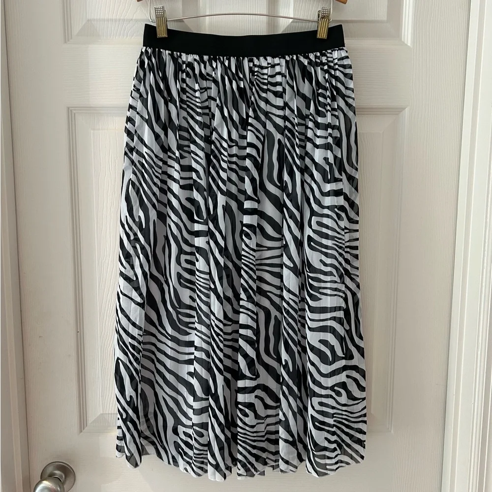 Rachel Zoe Zebra Print Pleated Mesh Overlay Midi Skirt